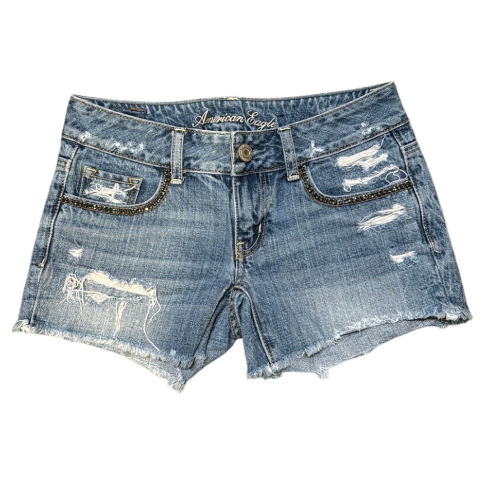 AMERICAN EAGLE Distressed Denim Shorts Size 00 Low Rise Raw Hem Cutoff Y2K